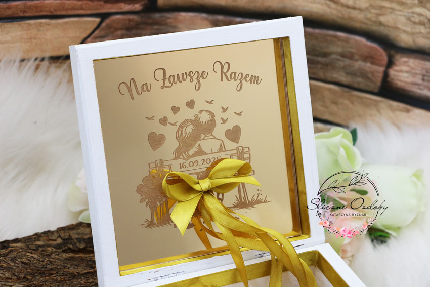 Pudełko Szkatułka Pamiątka prezent personalizowany na rocznicę ślubu białe pudełko glamour - obrazek 5