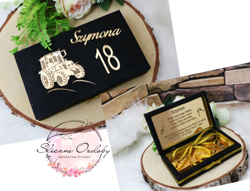 Drewniane Pudełko Koperta na pieniądze prezent personalizowany na 18, 20, 30, 40, 50, 60 urodziny dla Mężczyzny, Chłopaka Traktorzysty, Rolnika