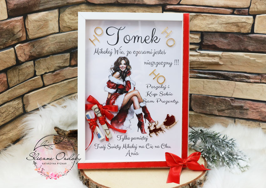 Mikołajkowy Bon Upominkowy na Pieniądze dla Mężczyzny Oryginalna Ramka Śmieszny Prezent