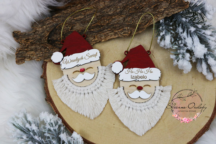 Bombka Zawieszka Drewniana z Imieniem  na Święta Mikołaj Makrama