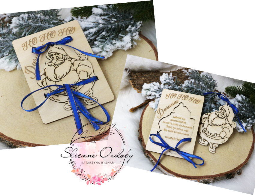 Świąteczny Mikołajkowy drewniany bon upominkowy na pieniądze z Mikołajem