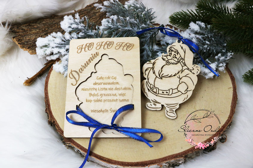 Świąteczny Mikołajkowy drewniany bon upominkowy na pieniądze z Mikołajem - obrazek 4
