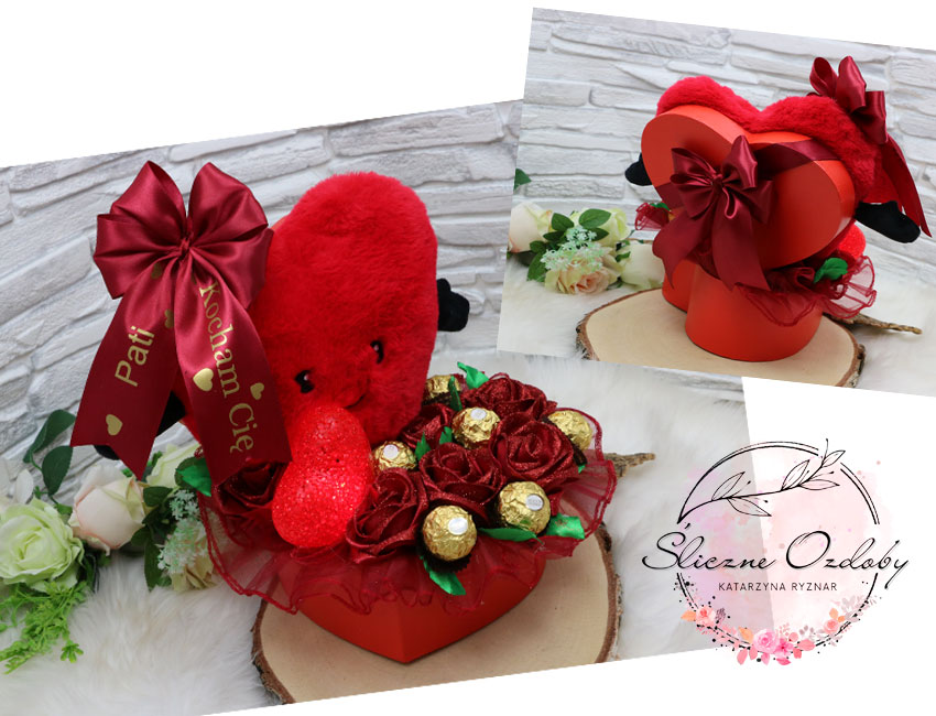 Flower Box Serce z Różami Pluszakiem i Pralinami Ferrero Rocher – Personalizowany Prezent na Walentynki