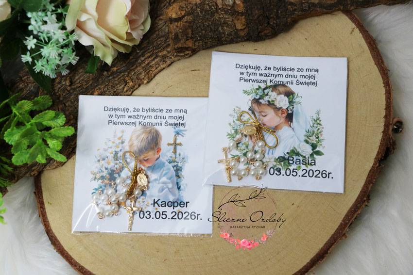 Podziękowania dla gości - dziesiątka różańca - Pierwsza Komunia Święta -dla dziewczynki i chłopca