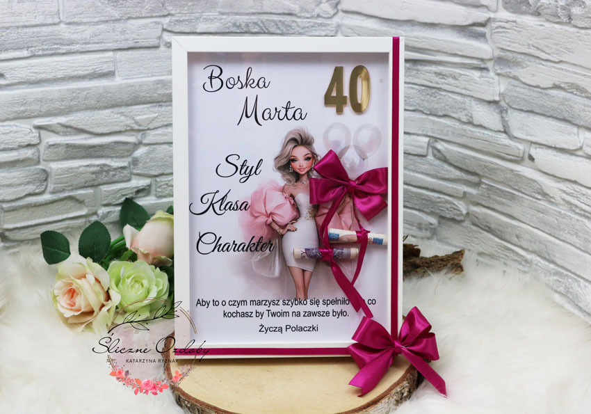 Prezent Plakat na 18, 20, 30, 40, 50 60 Urodziny dla kobiety ramka z dedykacją i miejscem na pieniądze