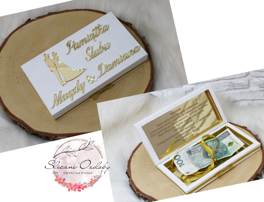Drewniane Pudełko Koperta na pieniądze prezent personalizowany dla Młodej Pary w Dniu Ślubu