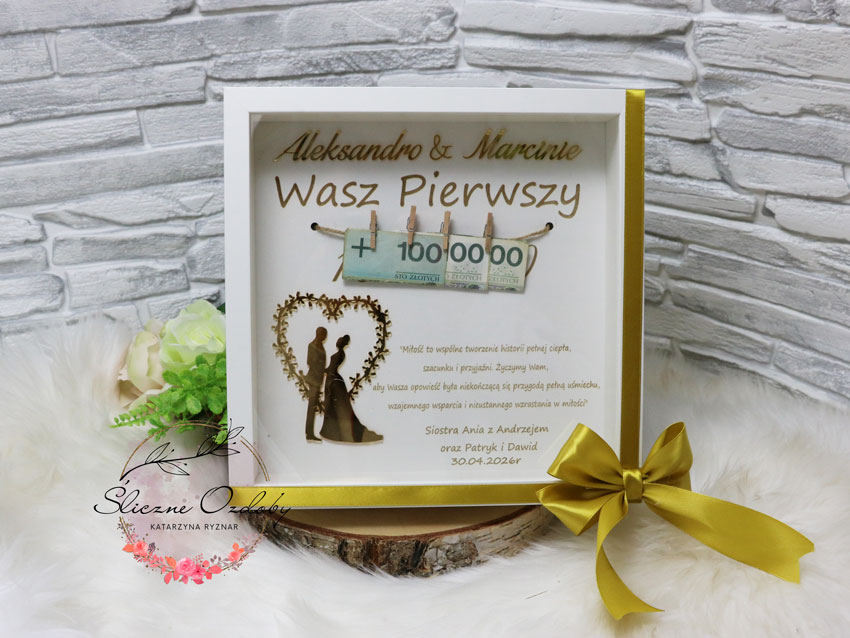 Ramka z życzeniami koperta z miejscem na pieniądze Pamiątka Ślubu - Wasz Pierwszy Milion